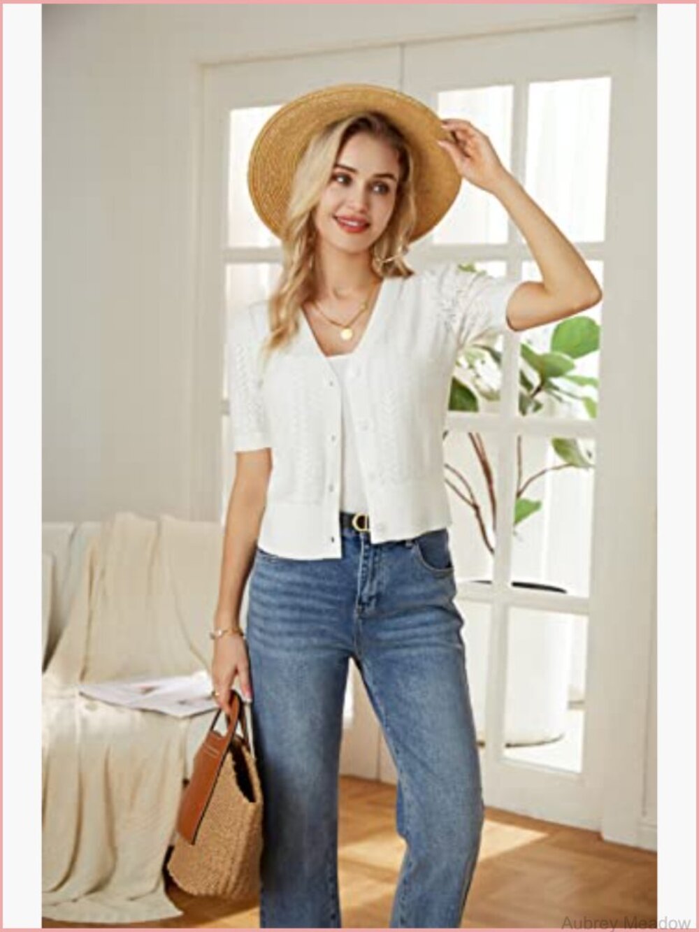 Cropped Cardigan Sweater Short Sleeve Crochet Knit Bolero Shrug V-Neck Button - Picture 3 of 6